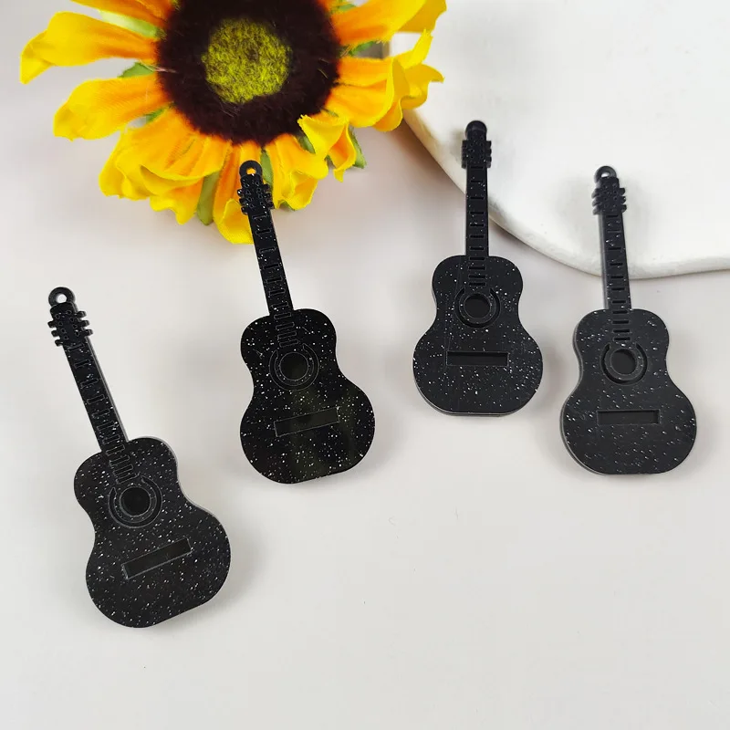 Black Glitter Guitar Acrylic Charms for DIY Keychain Musical Instruments Dangle Fit Jewelry Making Shinny Wholesale