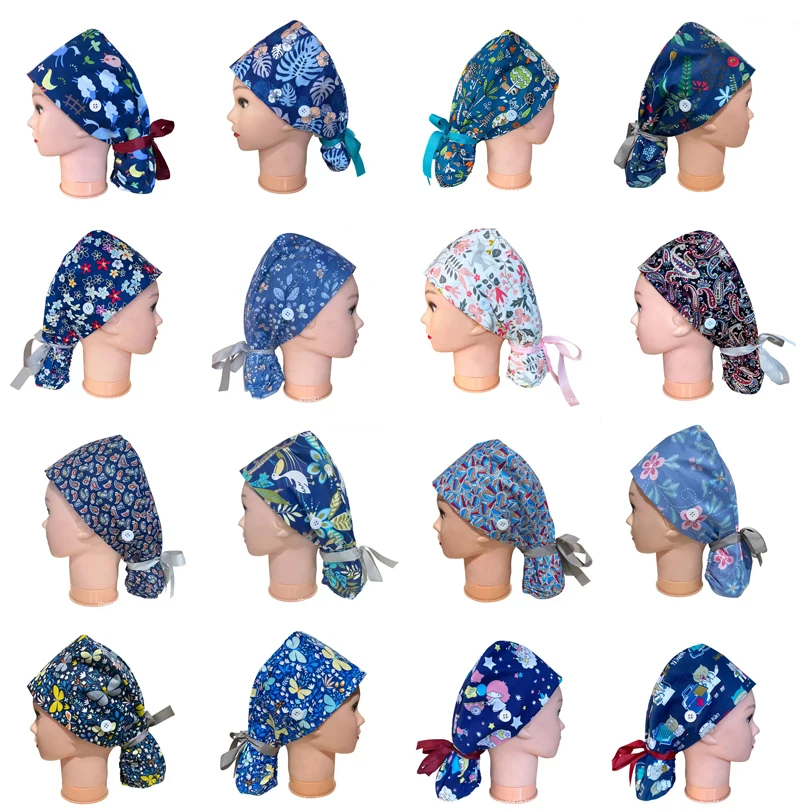 100%cotton medical surgical cap nurse hair care  scrub cap beauty salon nursing cap with button scrub hats