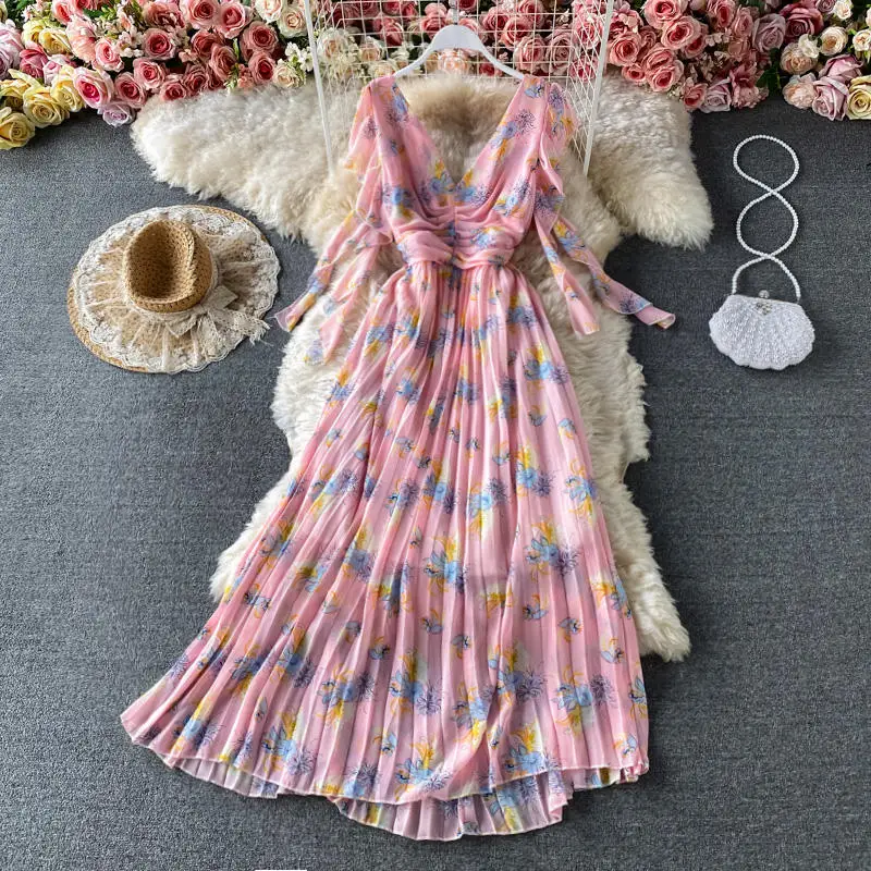 Floral Dress Women 2021 Summer Elegant Ribbon Ruffled Sleeves Pleated V-neck Slim Long Chiffon Dresses Stock