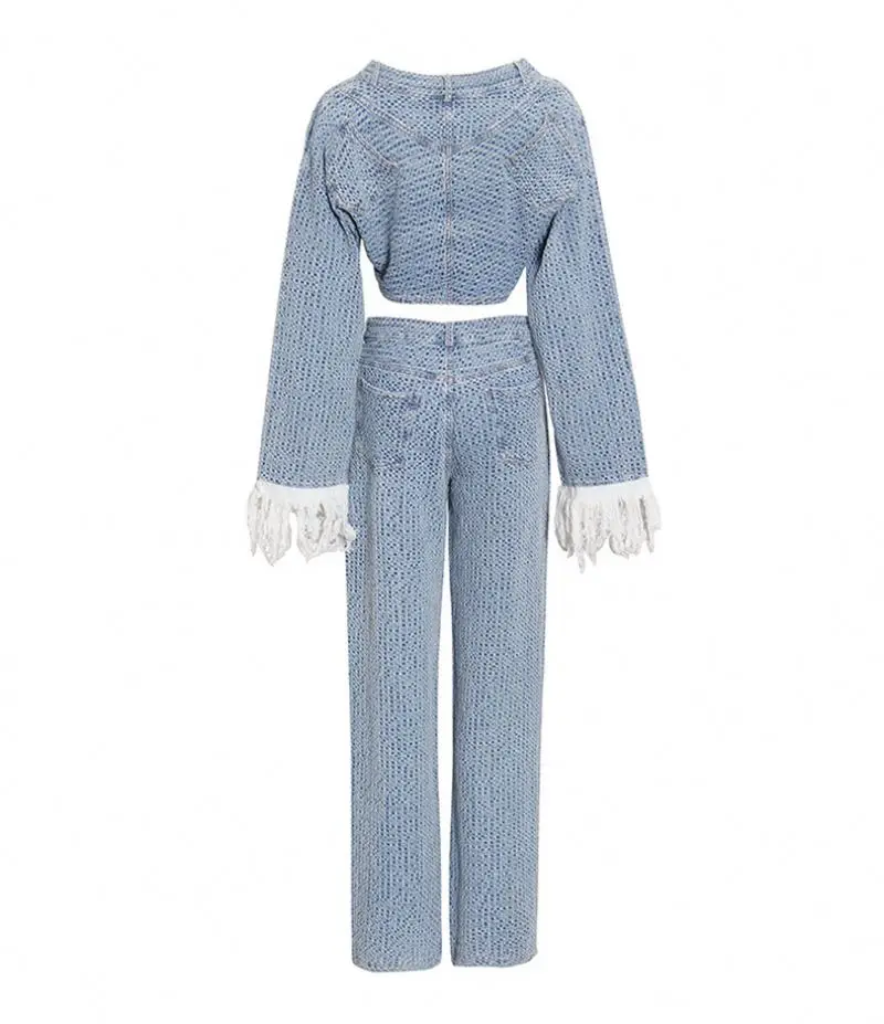 New fashion tassel long sleeve denim crop coat top and wide leg jeans pants leisure two piece suit for women