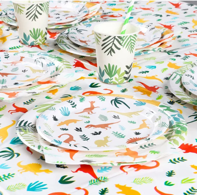 Dinosaur Boy Birthday Party Disposable tableware set Paper Plates Napkins Cups hats boxes Tablecloth card cupcakes toppers flags