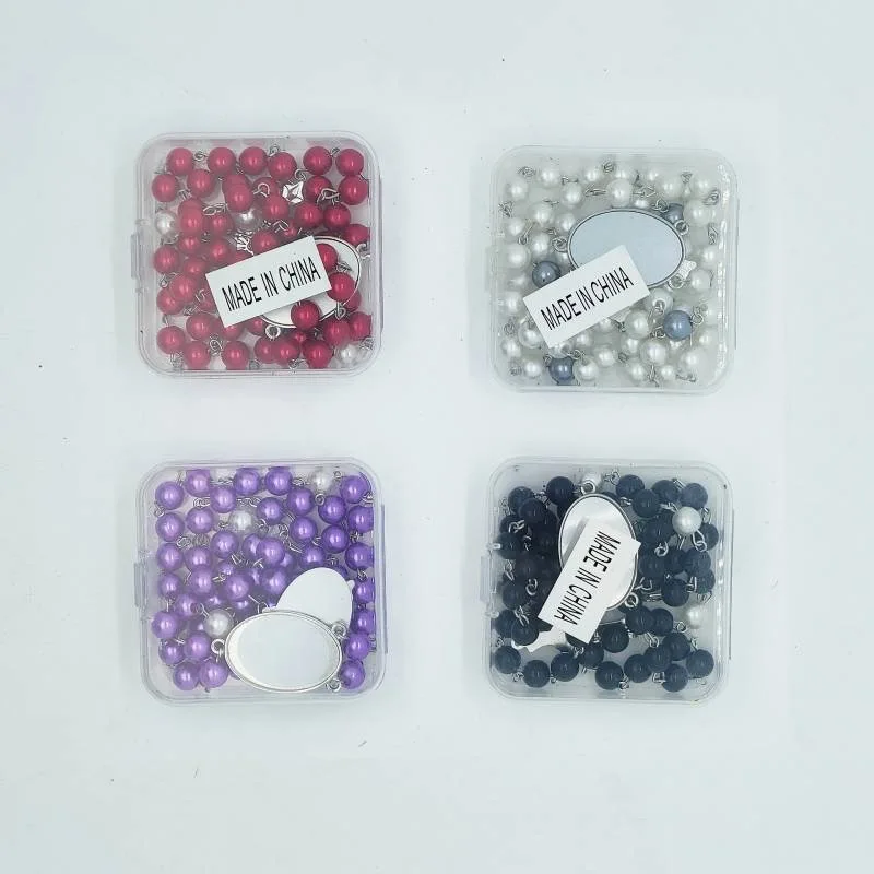 white sublimation blank pearl rosary necklace with aluminum sheet for sublimation Jewelry Cross Pendant With clear box packing