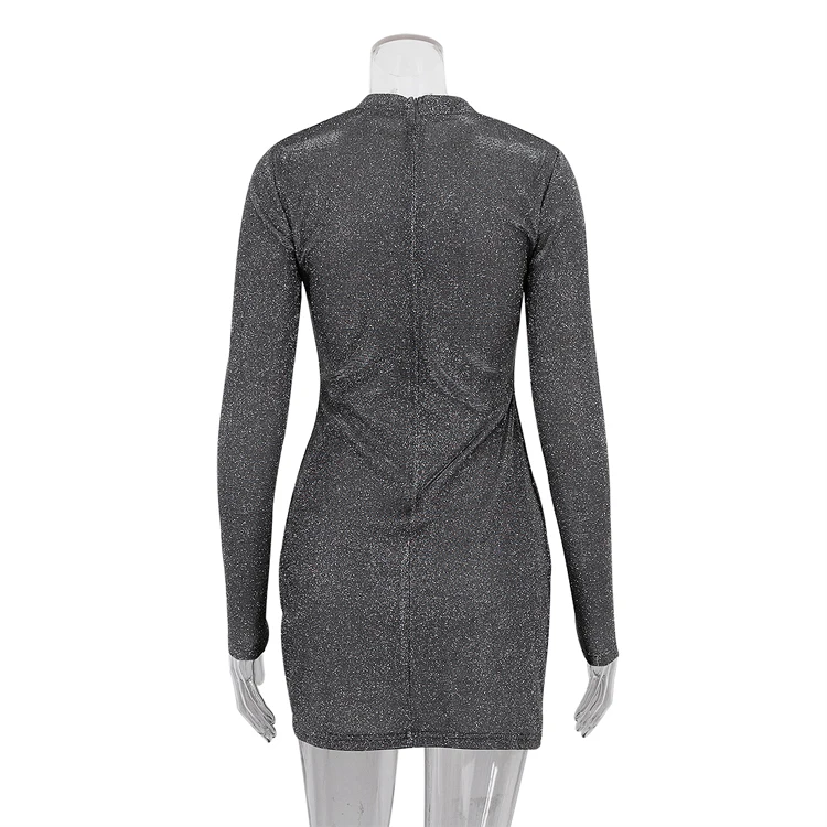 Fast Shipping Festival Birthday Sparkle Gray Long Sleeve Dress Ruched Bodycon Night Club Dresses For Woman