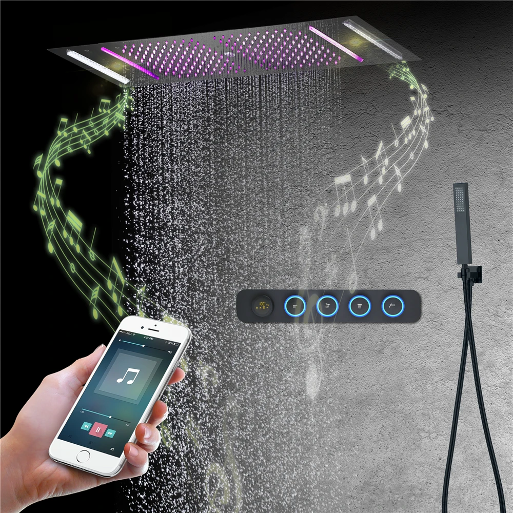 36*12inch Music Led Water Column&Rain Waterfall Shower Temperature Display Button Control Thermostatic Shower Faucet