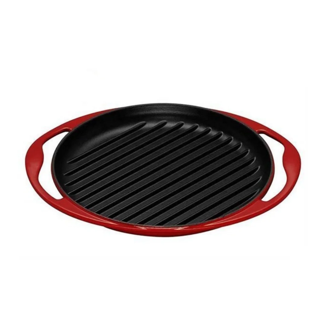 kitchen non stick enameled cast iron stove top round bbq griddle plate grill pan with two handles