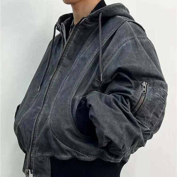 Finch garment Custom heavyweight canvas work jacket with hood distress cold dyed boxy crop workers workwear bomber jacket men