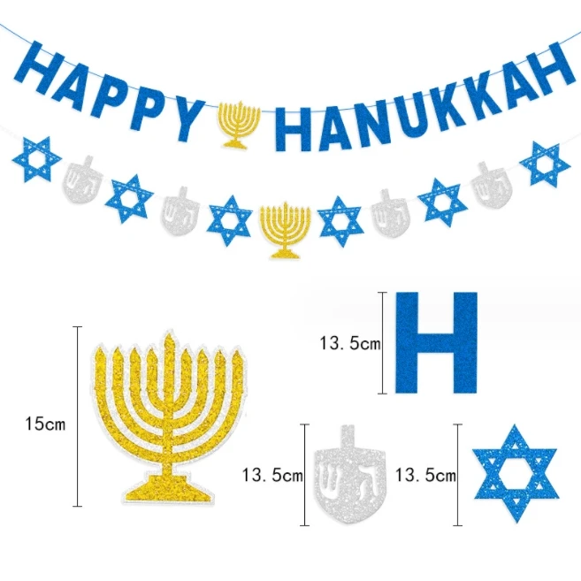 Custom Happy Hanukkah Candlestick Hexagonal star Paper/Felt Banners and flags garland for Jewish New Year Festival Party Decor