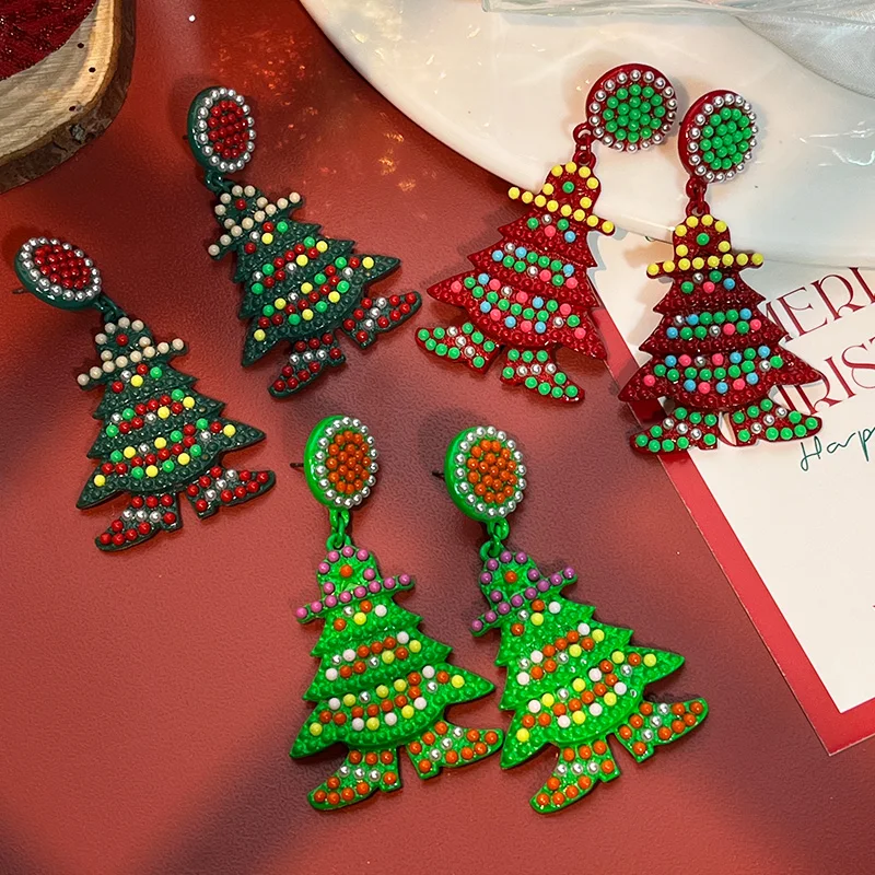 Hot Selling Christmas Jewelry Rhinestone Diamond Pearl Cartoon Christmas Tree Snowflake Bell Earrings for Women Wholesale Gifts