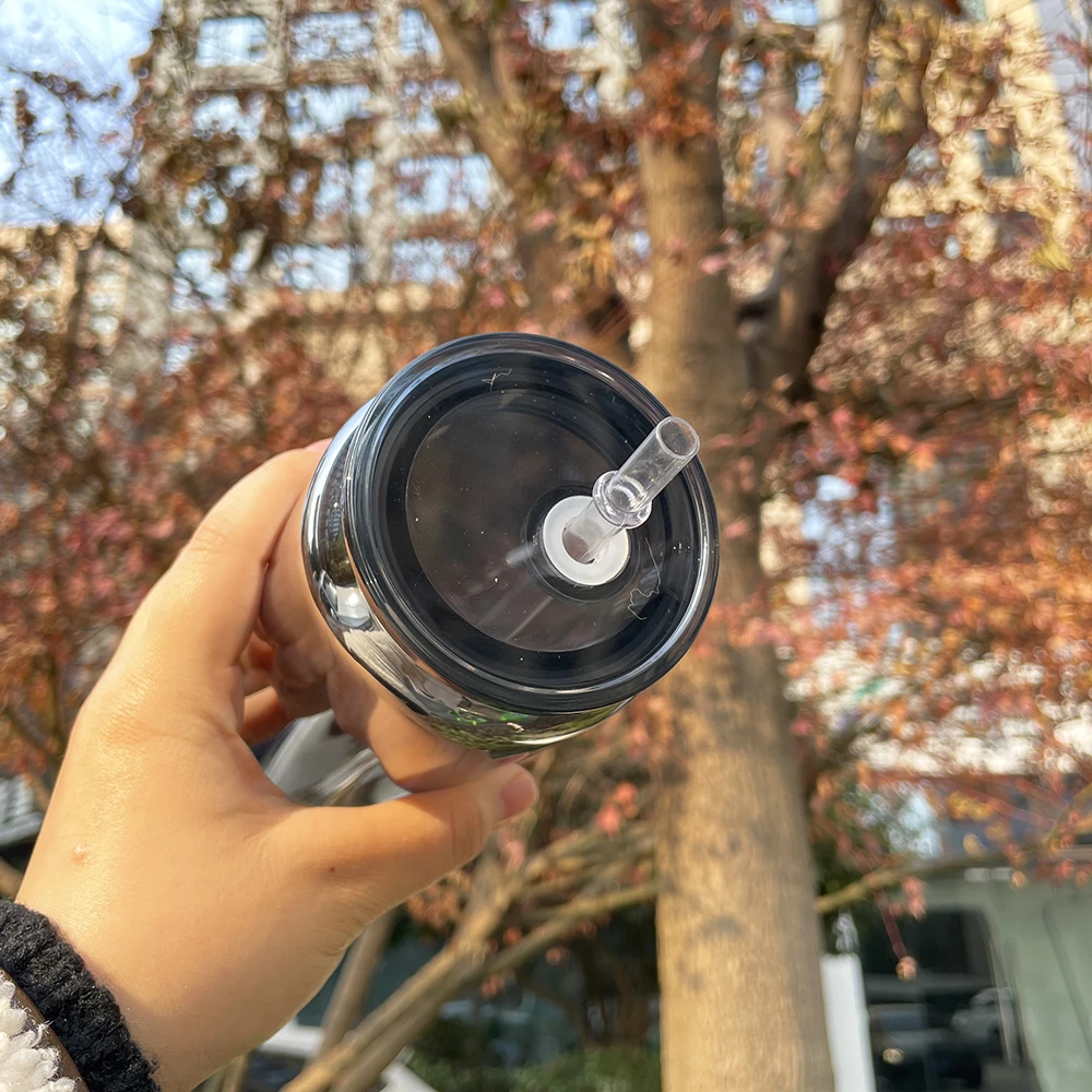 Reusable BPA Free Mens Borosilicate metal mirror black plated 16oz glass can with  plastic lids for UV DTF wraps and vinyl