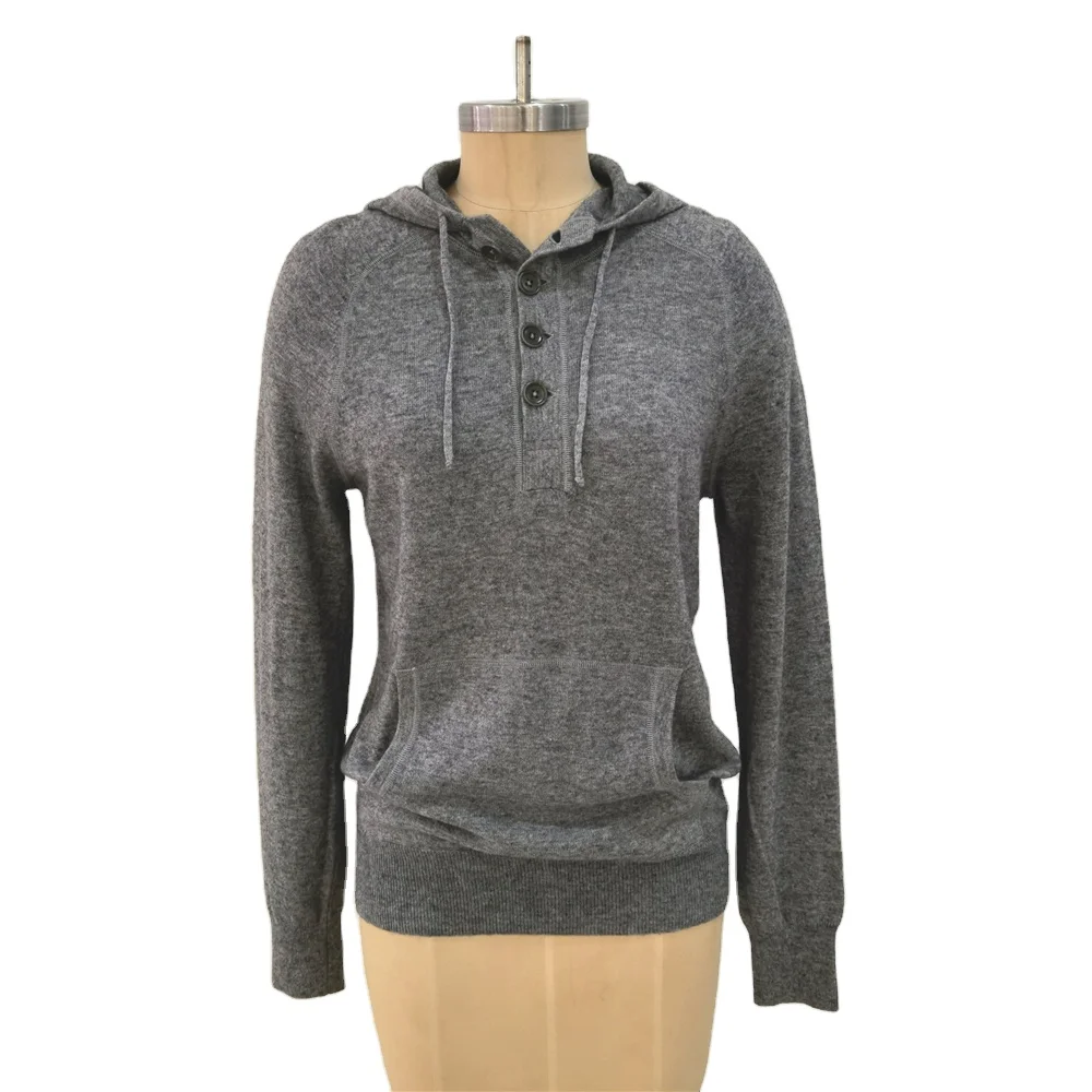 Wool Blend Button Hoodie Sport Big Pocket  Unisex  women knitted jumper pullover sweater