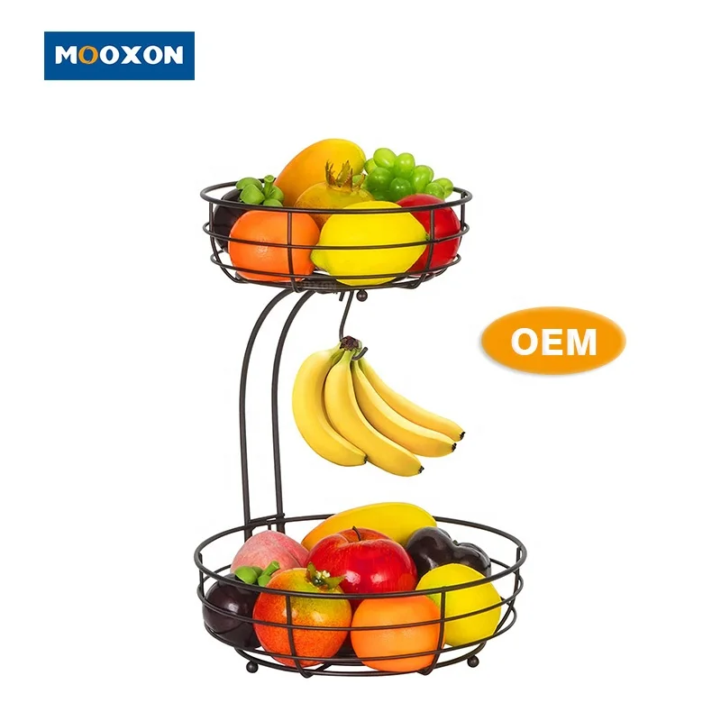 2 Tier Vegetable Storage Rack Stackable black Baskets Shelves Stand Multifunction Kitchen Wire Fruit Basket With Banana Hanger
