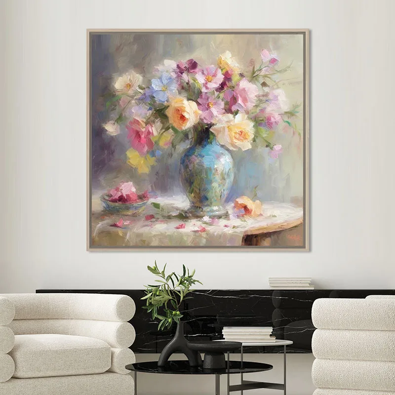 Flowers Still Life Paintings and Wall Arts Home Decor Printed Textured Oil Painting Hand painted Framed Canvas Art Vase