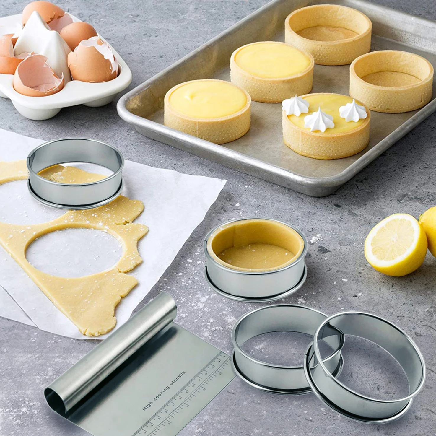 
E-PIN Stailess Steel Baking Utensil Set of 5, Frech Tart Ring and Dough Scraper set of 5 