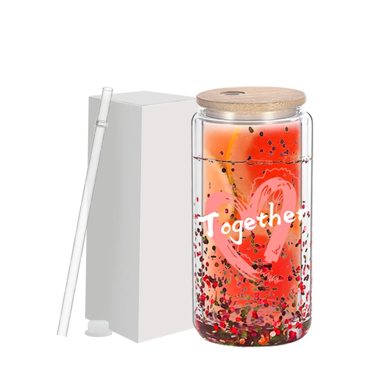 Wholesale Heat Resistant Insulated Double Wall Glass Can Pre Drilled 12 16 20oz Snow Globe Sublimation Double Wall Glass Tumbler