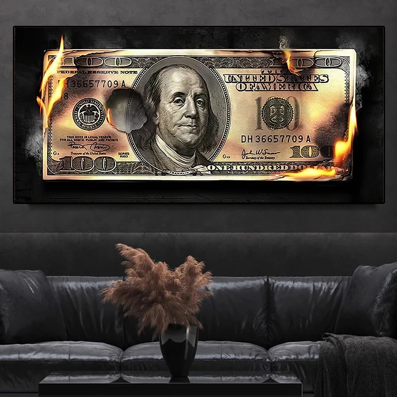 
Burning Dollar Modern Art Canvas printed Inspirational Posters Prints 100 Dollars Picture Wall Art Decor Painting 