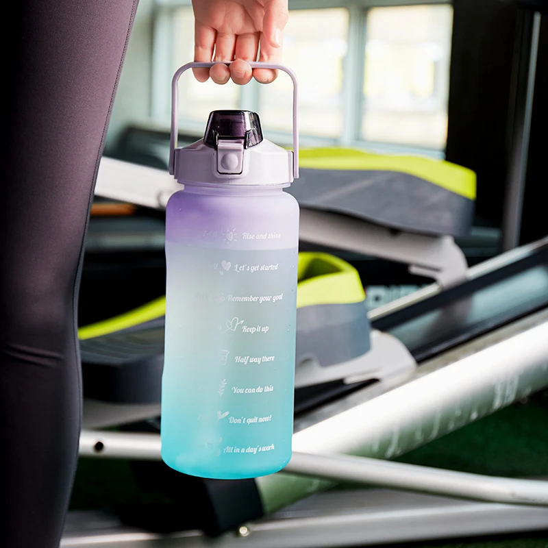 2L Portable Fitness BPA Free Plastic Water Bottle Large Capacity Half Gallon Frosted Time Marker Gym Bottle