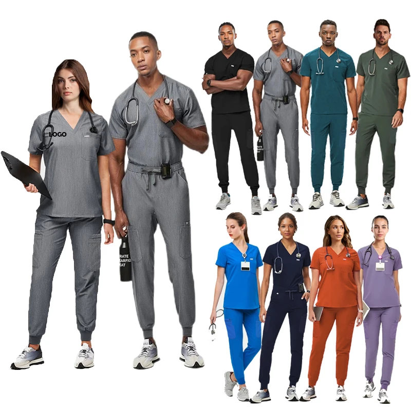 v neck olive green teal blue orange purple 4 way stretch private label male men unisex jogger uniforms hospital nurse scrubs set