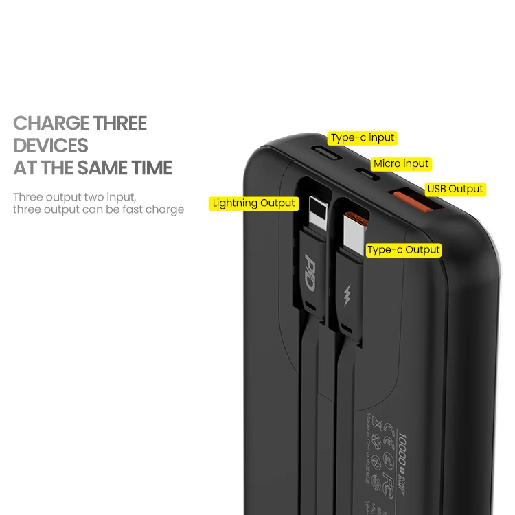 FONENG brand led display showing 10000mAh capacity power bank 22.5W fast charging slim body power bank buiding with cables