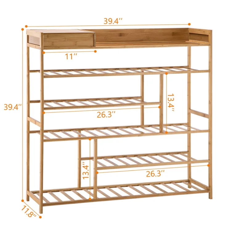 Natural wood household entryway storage box shoe cabinet 5-tier bamboo shoe rack for entryway