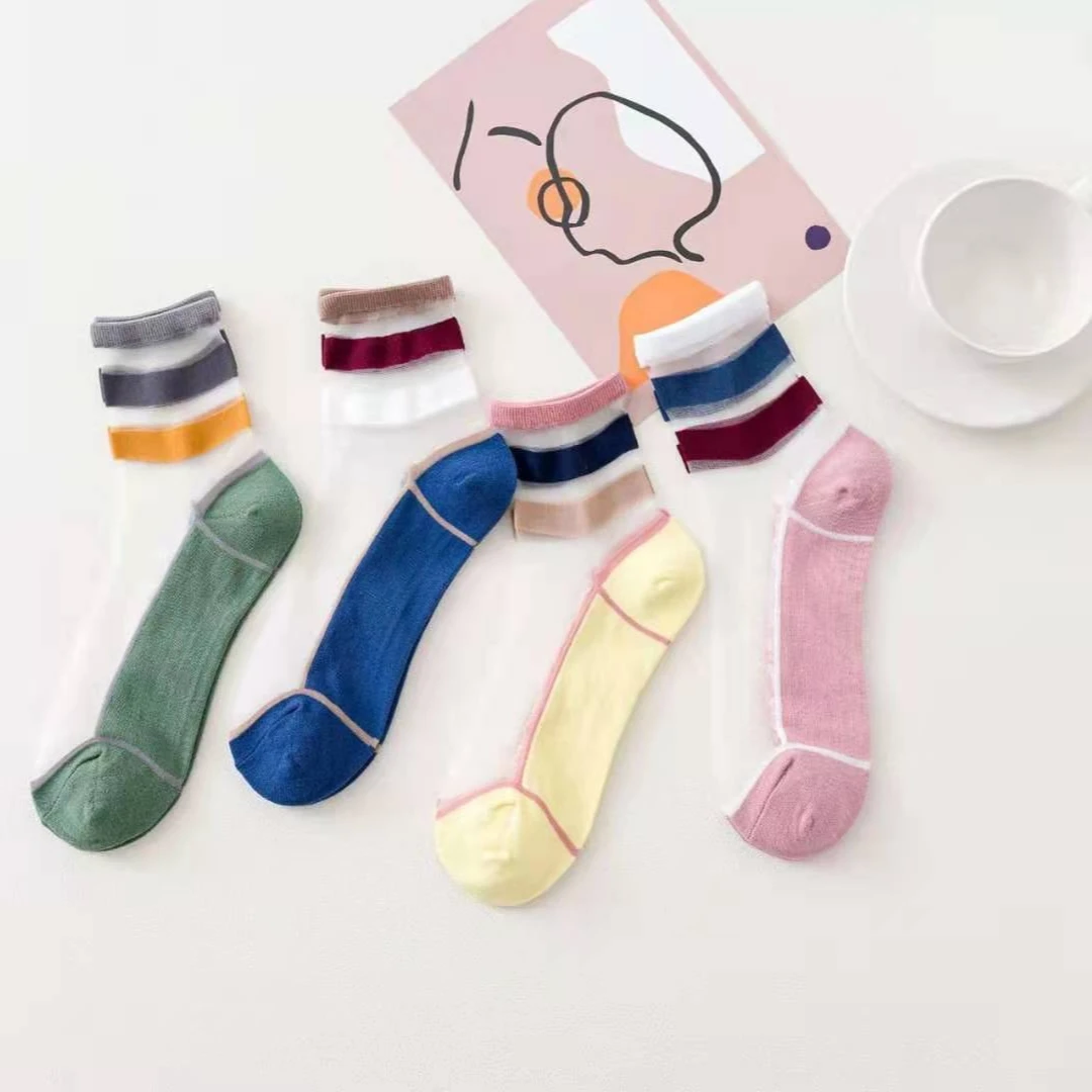 Spring and summer glass silk crystal socks transparent sole cotton socks