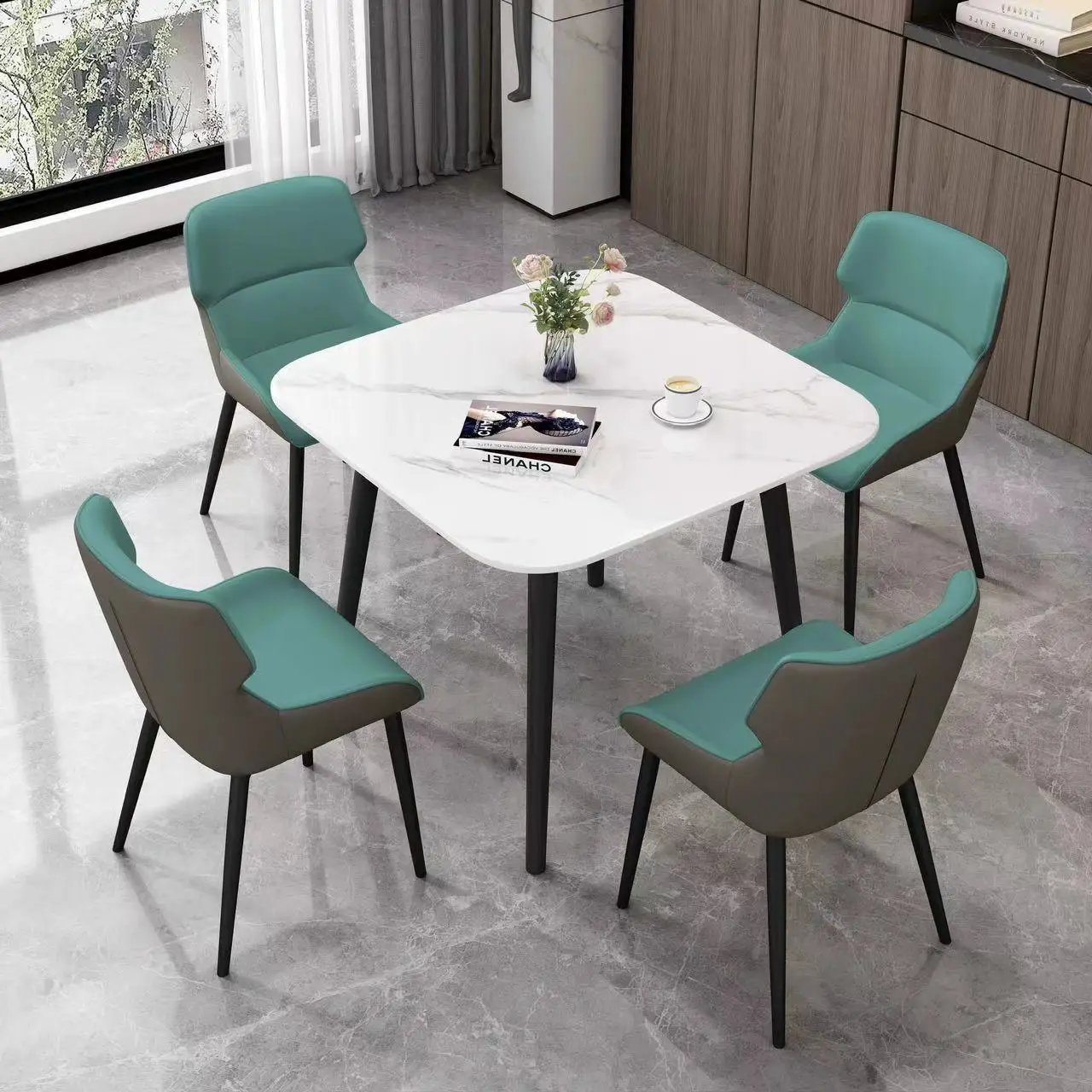 Factory Price Italian Creative Color Blocking Iron Backrest Home Cafe Furniture Leather Restaurant Dining Chairs