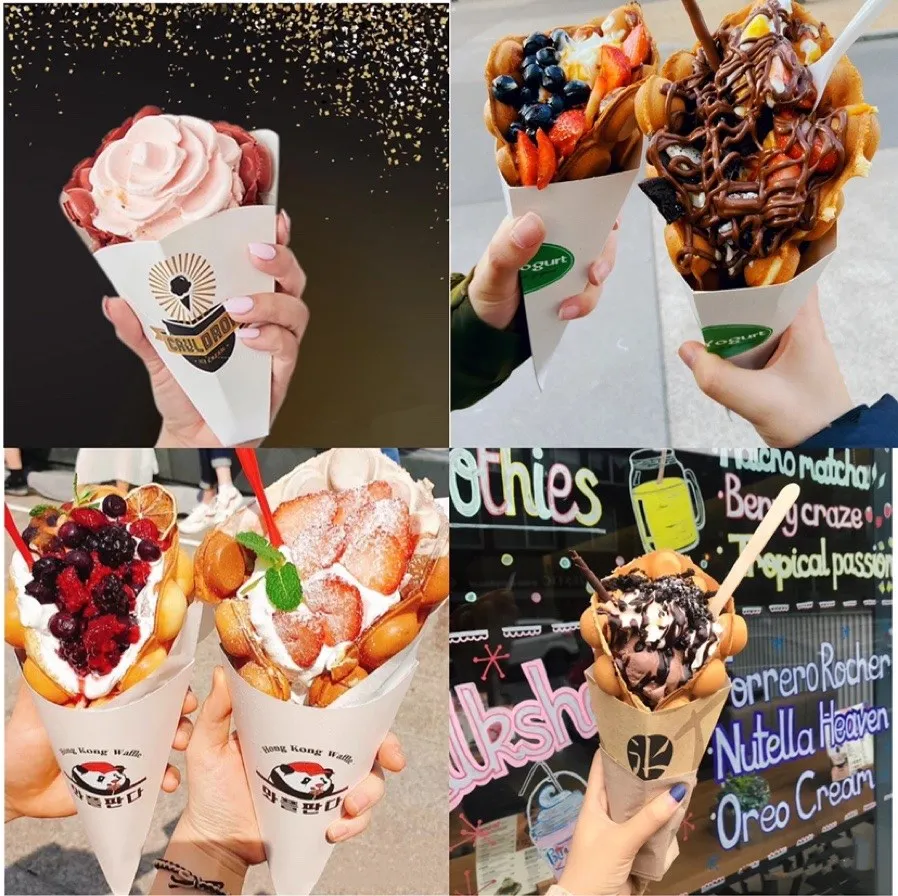 Disposable Hot Food Grade Paperboard Triangle Ice Cream Packaging Pizza Packing Kraft Paper Crepe Cone Egg Bubble Waffle Holder