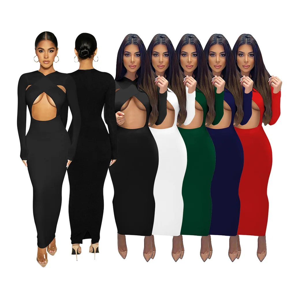 A00027 Cross Necklace Hollow out Long Sleeve Breathable Casual Plus Size Tops Dress for Women