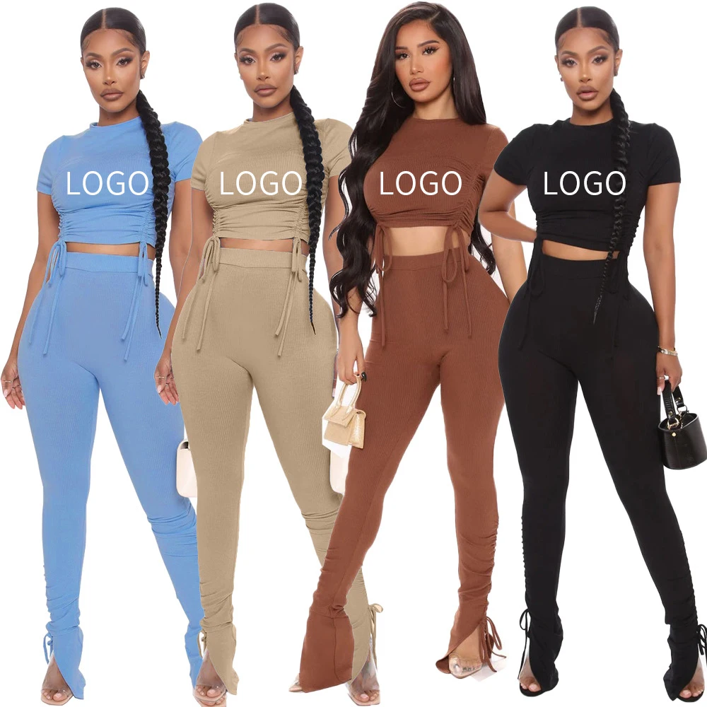 neon women fashion trendy crop top and pants solid custom logo  two piece set