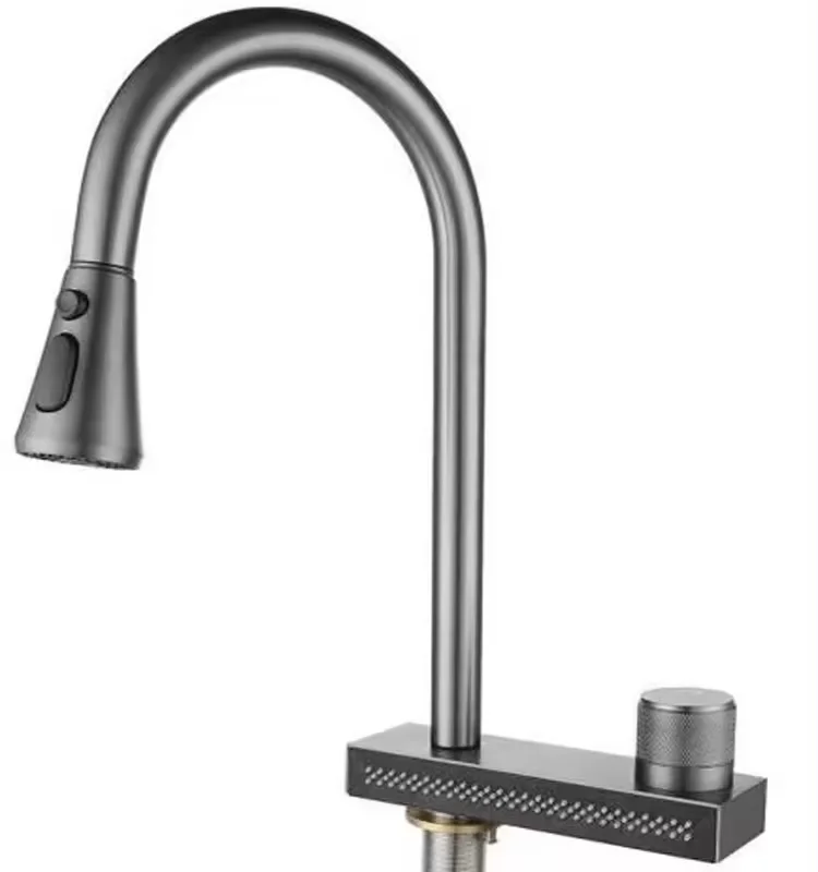 Stainless Steel Pull Down Faucet with Control Knob and Deck for Kitchen Sink Multiple Spray Mode Waterfall Spray