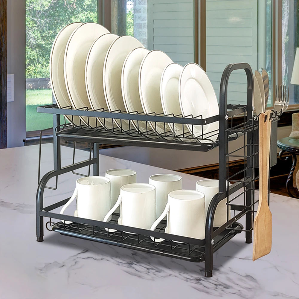 Black Powder Spraying Drying Dish Drainer Rack Metal Wire Kitchen 2 Tier Storage Dish Dryer With Drain