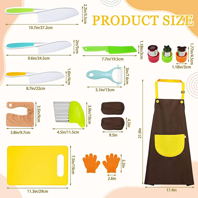 Customizable Kids cooking tool Set 14 Pcs Includes Kids Apron, Wood Kids Safe Plastic Toddler Knife, Cutting Board, Apron