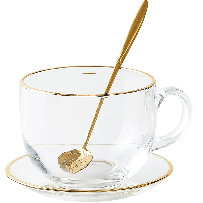 Bring a gold rim glass milk large capacity breakfast cup yogurt coffee  oatmeal  cup with spoon