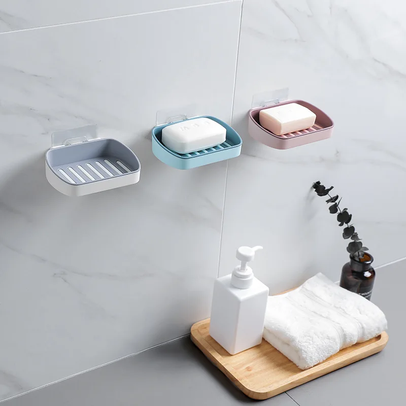 HelloWorld Soap Holder Suction Cup Soap Dish Drain Bathroom Storage Box Free Punching Plastic Wall Hanging Paste Tray Bathroom Accessories