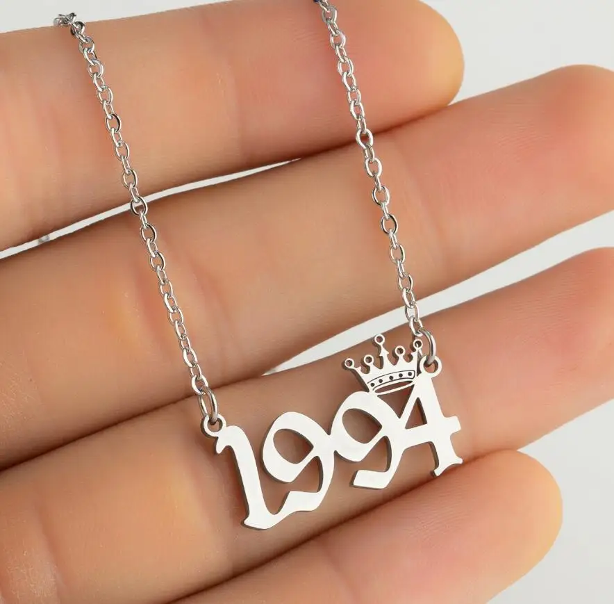 Silver Titanium Jewelry Birthday Gift Personalized Digital Pendant Stainless Steel Year Crown Necklaces for Women Girl 1980-2019
