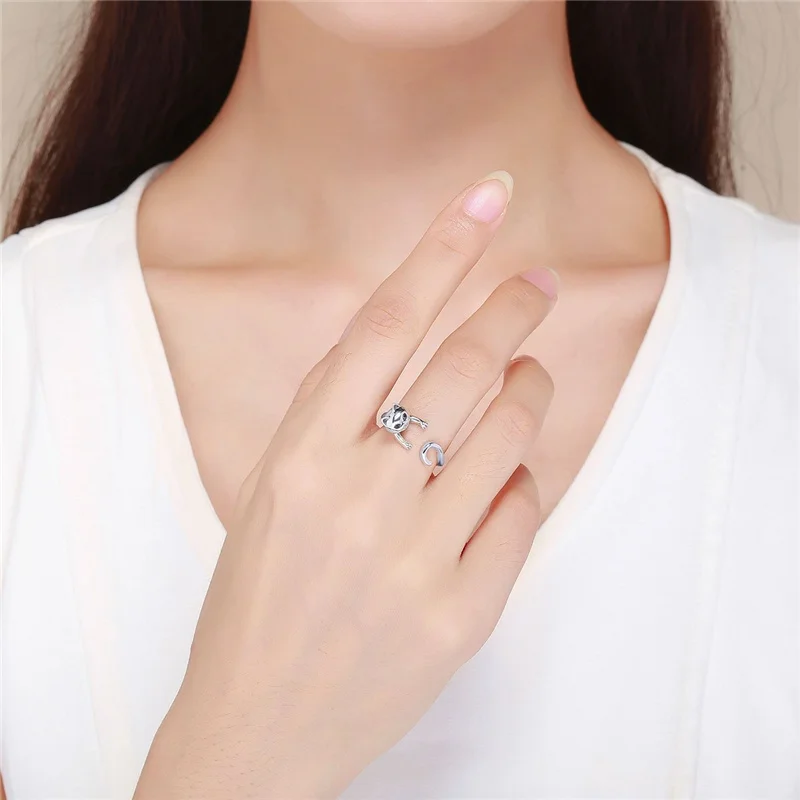 925 Sterling Silver Jewelry Animal Naughty Cat Open Ring For Women