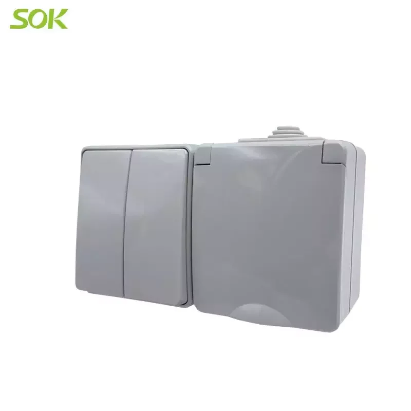 2 Gang 2 Way Light Switch and 1 gang Schuko wall sockets with earthing and protective door wall plate switch IP65 wall switches
