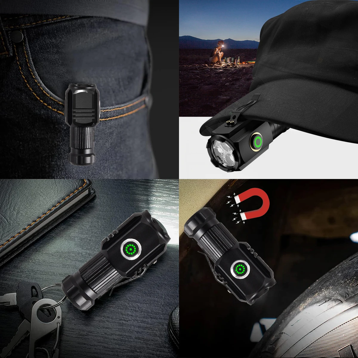 LED EDC High Lumens Rechargeable Flashlight Hat Lamp 2 in 1 Mini Flashlight  Waterproof 3 Bulbs Clip magnet