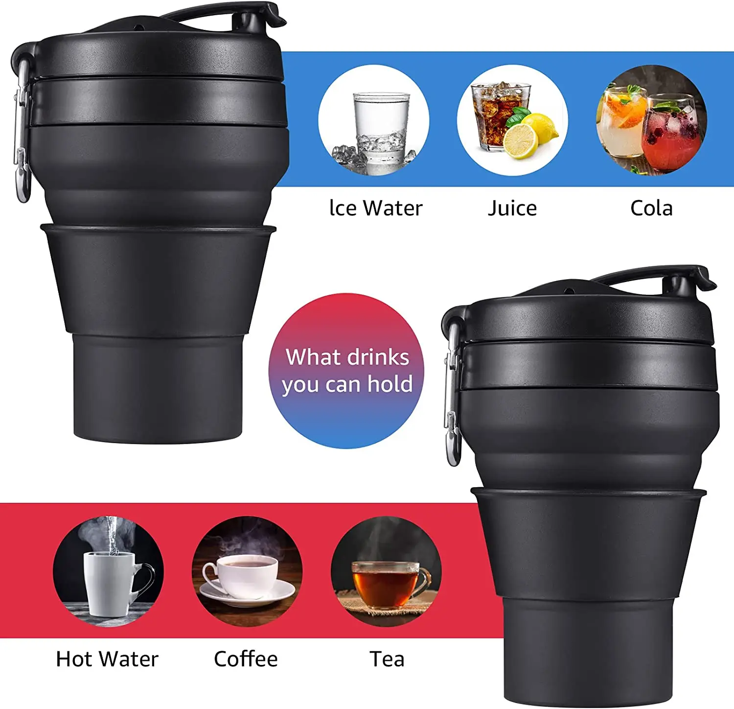 Collapsible Coffee Cup 16 OZ 480ml Silicone Folding Camping Cup Leak Proof BPA Free Portable Cup Travel Mug with Lids for Hiking