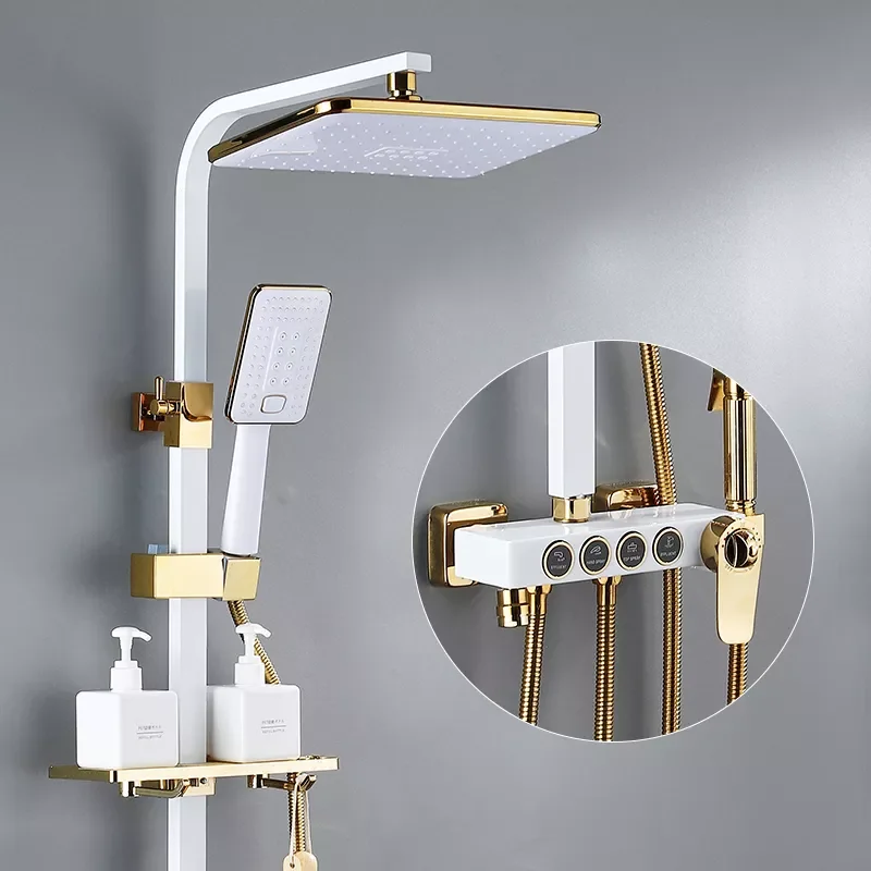 Square Bathroom Shower System Senducs White Gold Bathtub Mixer Faucet Hot Cold Bathroom Tap Thermostatic Shower Set
