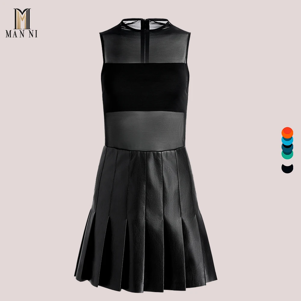2024 Summer Vegan Leather Pleated Mini Dress Custom Designed Bodycon with Printed Decoration Casual Fabric Washable