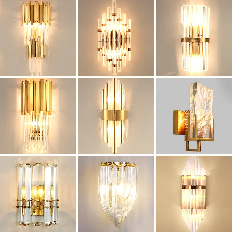 Post-Modern Gold Luxury Crystal Tube Sconce LED Wall Light with Glass Shade for Hotel Living Room Bedroom or Corridor