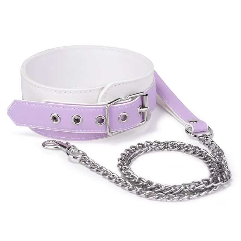 Cute Design purple BDSM Slave Submissive Restraint Bondage Fetish Choke Collar With Metal Chain Leash