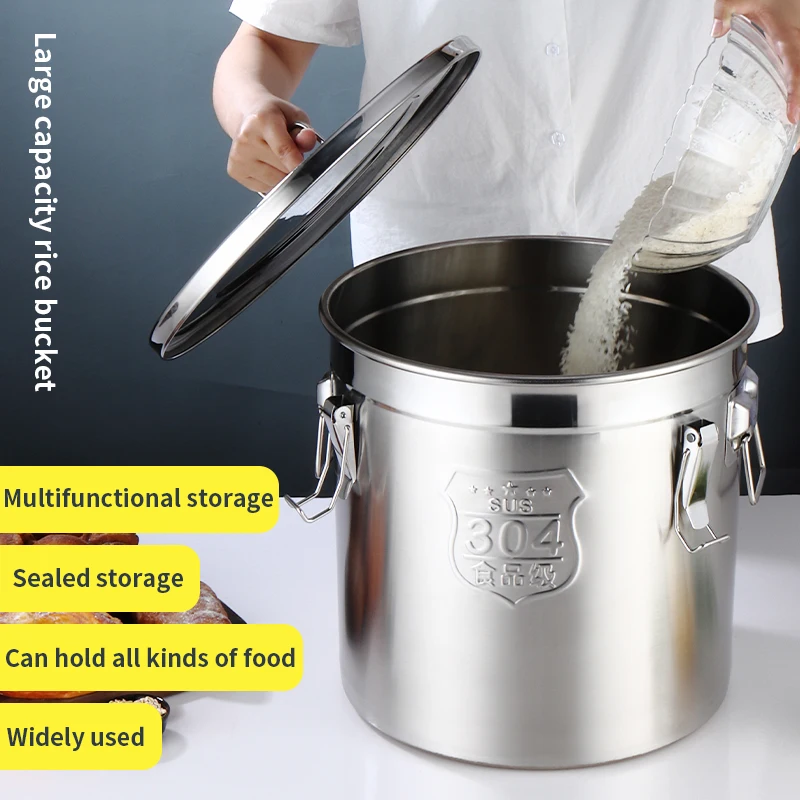 Kitchen Food Flour Oil Milk Rice Cereal Grain Coffee Bean Sealed Storage Bucket 304 Stainless Steel Soup Barrel With Lid