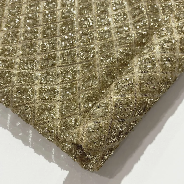 Hot sale gold sequin tulle fabric mesh rhombus combination wedding dress fabric