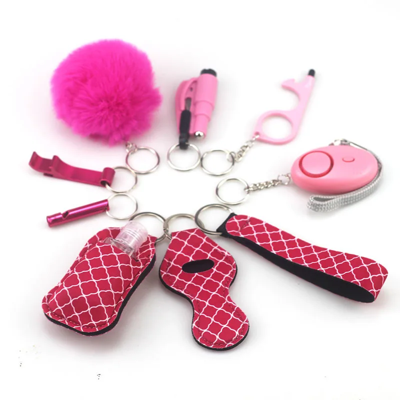 Bulk Girl Safety Keychain Set Supplies Accessories Women Bottle Opener Pom Pom Fur Ball Wristlet Self Defense Keychain Bling