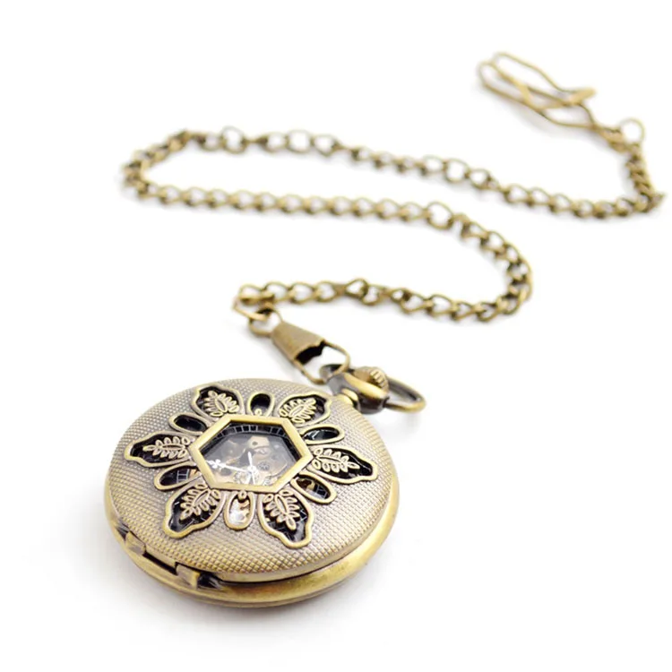 BOSHIYA Brass Hollow Six Leaves Half Hunter Mechanical Pocket Watch with Skeletal Display Roman Numeral Dial