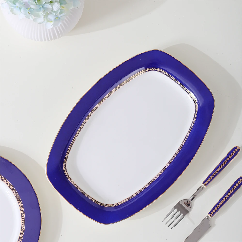 Royal style restaunrant oval charger plates gold rim fine bone china ceramic fish plate for serving