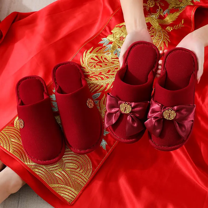 2023 new design winter festive couple red indoor home slippers non-slip pvc sole comfortable wedding shoes for bride