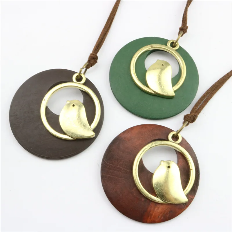 Vintage Brown Handmade Wood Pendant with with Bird Long Leather Necklace Sweater Chain for Girl Women