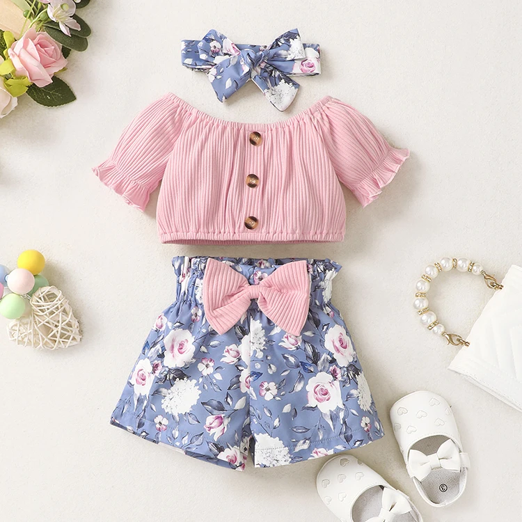 Summer Baby Clothing Sets Puff Sleeve Ruffle Top Print Shorts Infant Outfits Newborn Baby Girls Clothing Set